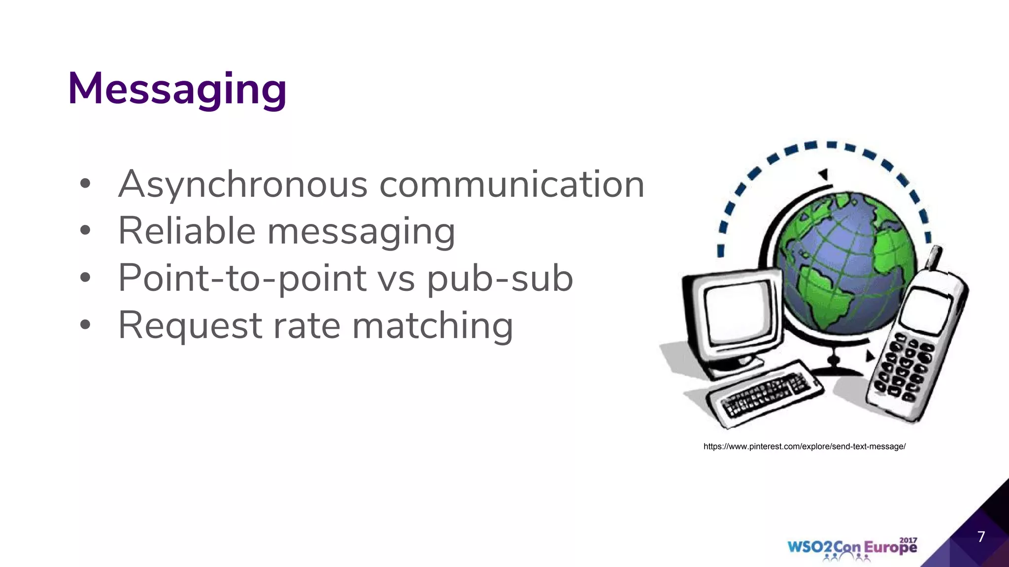 • Asynchronous communication
• Reliable messaging
• Point-to-point vs pub-sub
• Request rate matching
Messaging
https://www.pinterest.com/explore/send-text-message/
 
