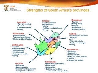 Strengths of South Africa’s provinces • Western Cape: Tourism Agro-processing Biotechnology Petrochemicals Clothing and textiles Fishing Northern Cape: Agro-industries Transport and storage Mining and beneficiation North West: Agro-processing Bio-fuels Leather products Mining Limpopo: Food processing Agri-business Mining Fertilisers and pesticides  Energy Mpumalanga: Tourism Mining (Coal) Forestry  Agriculture Agro-processing Gauteng: Financial and business services ICT Pharmaceuticals Food and beverages Mining Free State: Agriculture Agro-processing Machinery and equipment Mining and beneficiation Eastern Cape: Agriculture and forestry Aquaculture Automotive Clothing and textiles Leather and leather products KwaZulu-Natal: Aluminium Automotive Petrochemicals Wood and wood products Tourism Clothing and textiles 