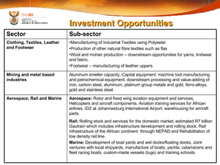 Investment Opportunities Aerospace:  Rotor and fixed wing aviation equipment and services, Helicopters and aircraft components, Aviation training services for African airlines, IDZ at Johannesburg International Airport, warehousing for aircraft parts. Rail:  Rolling stock and services for the domestic market, estimated R7 billion Gautrain which includes infrastructure development and rolling stock, Rail infrastructure of the African continent  through NEPAD and Rehabilitation of low density rail line. Marine:  Development of boat yards and wet docks/floating docks, Joint ventures with local shipyards, manufacture of boats, yachts, catamarans and fleet racing boats, custom-made vessels (tugs) and training schools. Aerospace, Rail and Marine Aluminum smelter capacity, Capital equipment: machine tool manufacturing and petrochemical equipment, downstream processing and value-adding of iron, carbon steel, aluminum, platinum group metals and gold, ferro-alloys, gold and stainless steel. Mining and metal based industries Manufacturing of Industrial Textiles using Polyester Production of other natural fibre textiles such as flax Wool and mohair production – downstream opportunities for yarns, knitwear and fabric. Footwear – manufacturing of leather uppers. Clothing, Textiles, Leather and Footwear Sub-sector Sector 