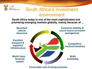 South Africa’s investment environment South Africa today is one of the most sophisticated and promising emerging markets globally, mainly because of … Economic stability & sound macro-economic management  Competitive  sectors/industries Favourable cost of doing business Skills availability World class financial system Excellent transport & logistical infrastructure Abundant natural resources 