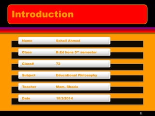 Introduction
Name Sohail Ahmad
Class B.Ed hons 5th semester
Class# 72
Subject Educational Philosophy
Teacher Mam. Shazia
Date 18/3/2014
1
 