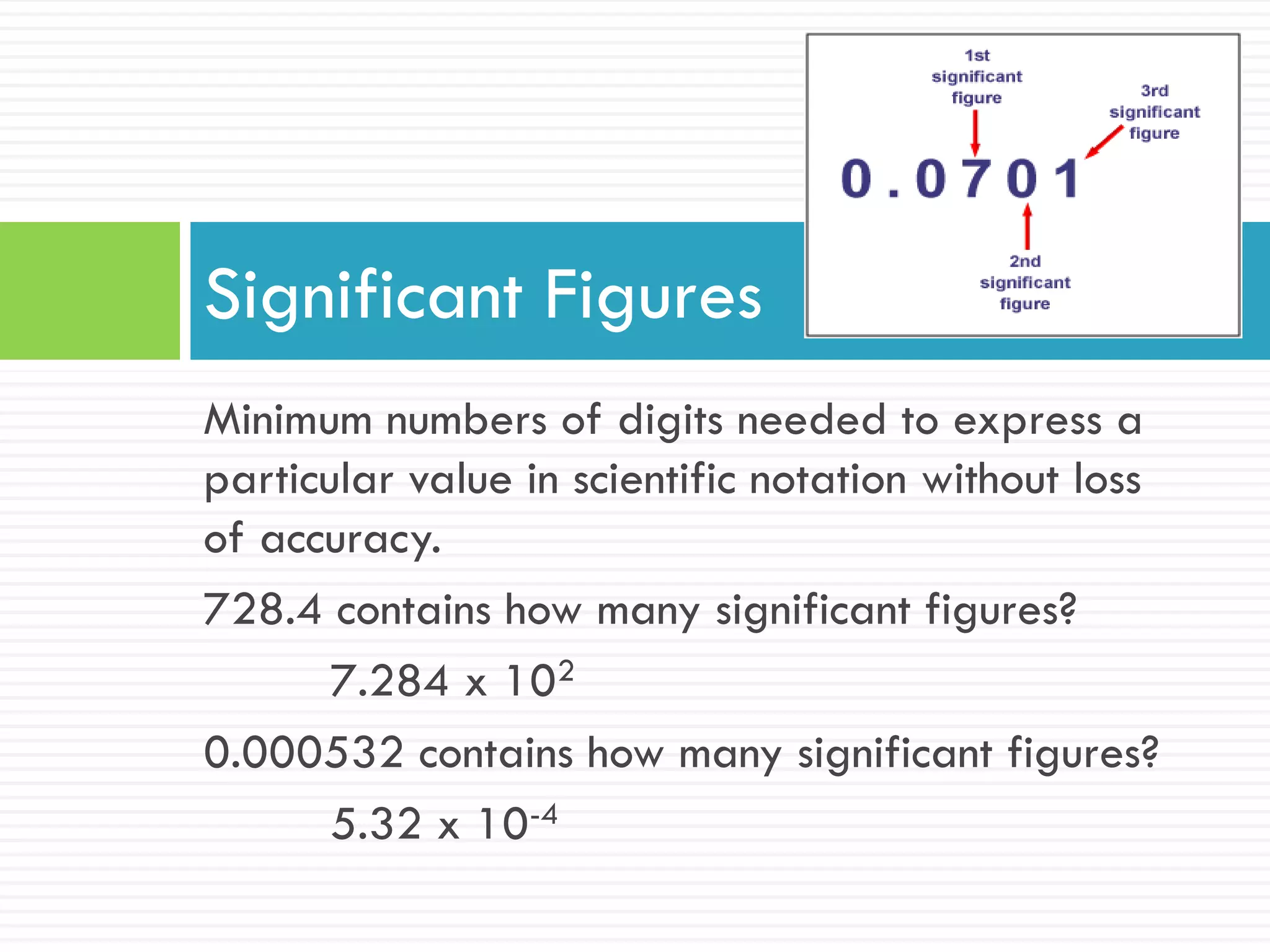 Minimum numbers of digits needed to express a
particular value in scientific notation without loss
of accuracy.
728.4 contains how many significant figures?
7.284 x 102
0.000532 contains how many significant figures?
5.32 x 10-4
Significant Figures
 