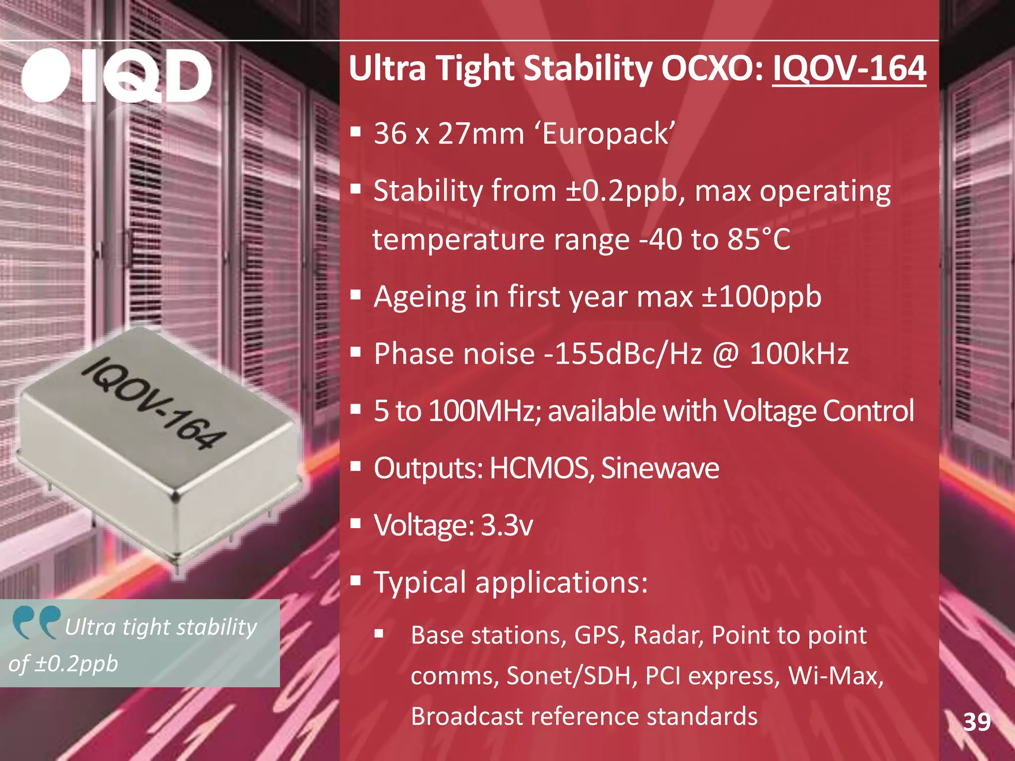 Ultra Tight Stability OCXO: IQOV-164
39
 36 x 27mm ‘Europack’
 Stability from ±0.2ppb, max operating
temperature range -40 to 85°C
 Ageing in first year max ±100ppb
 Phase noise -155dBc/Hz @ 100kHz
 5to100MHz;availablewithVoltageControl
 Outputs:HCMOS,Sinewave
 Voltage:3.3v
 Typical applications:
 Base stations, GPS, Radar, Point to point
comms, Sonet/SDH, PCI express, Wi-Max,
Broadcast reference standards
Ultra tight stability
of ±0.2ppb
 