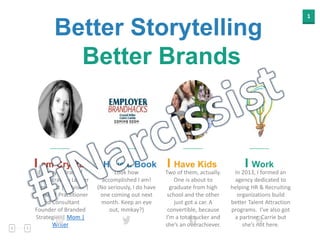 1
Better Storytelling
Better Brands
I am Crystal
Employer Brand /
Digital Strategy Leader
| Strategist | Advisor |
Speaker | Practitioner
and Consultant
Founder of Branded
Strategies | Mom |
Writer
I Have Kids
Two of them, actually.
One is about to
graduate from high
school and the other
just got a car. A
convertible, because
I’m a total sucker and
she’s an overachiever.
I Work
In 2013, I formed an
agency dedicated to
helping HR & Recruiting
organizations build
better Talent Attraction
programs. I’ve also got
a partner, Carrie but
she’s not here.
I Have a Book
Look how
accomplished I am!
(No seriously, I do have
one coming out next
month. Keep an eye
out, mmkay?)
 