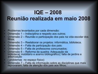 IQE – 2008  Reunião realizada em maio 2008 Problemas levantados por cada dimensão: Dimensão 1 – Indisciplina e respeito aos outros; Dimensão 2 – Reunião e participação dos pais na vida escolar dos filhos; Dimensão 3 – Reelaborar os projetos: informática, biblioteca. Dimensão 4 – Falta de participação dos pais: Dimensão 5 – Falta de professores concursados; Dimensão 6 – Reforma da quadra; Adequação da biblioteca( mobiliário e acervo bibliográfico); falta de jardins e arborização  ( problemas  no espaço físico) Dimensão 7 – Falta de informação sobre as disciplinas que mais reprovaram; falta de atenção dos pais aos filhos; 