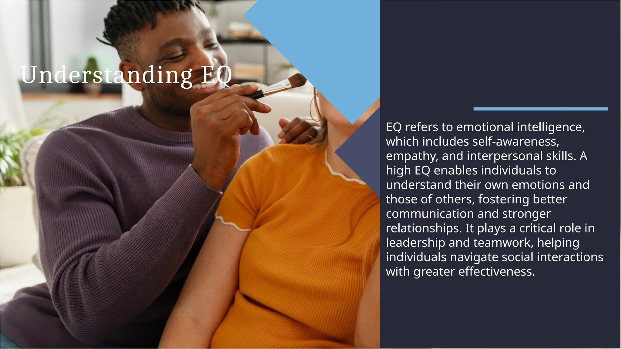 Understanding EQ
EQ refers to emotional intelligence,
which includes self-awareness,
empathy, and interpersonal skills. A
high EQ enables individuals to
understand their own emotions and
those of others, fostering better
communication and stronger
relationships. It plays a critical role in
leadership and teamwork, helping
individuals navigate social interactions
with greater effectiveness.
 