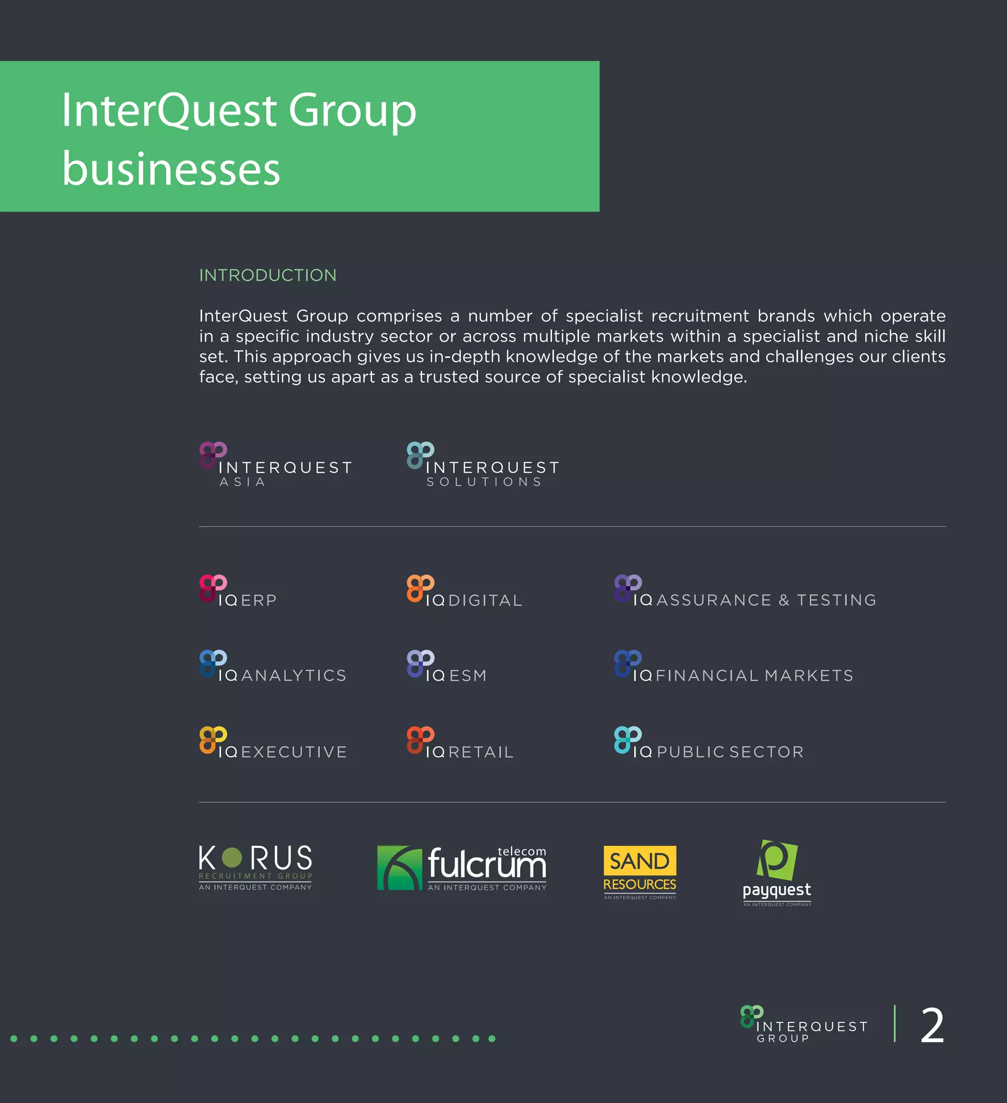 InterQuest Group
businesses
      INTRODUCTION

      InterQuest Group comprises a number of specialist recruitment brands which operate
      in a specific industry sector or across multiple markets within a specialist and niche skill
      set. This approach gives us in-depth knowledge of the markets and challenges our clients
      face, setting us apart as a trusted source of specialist knowledge.




                                                                                              2
 