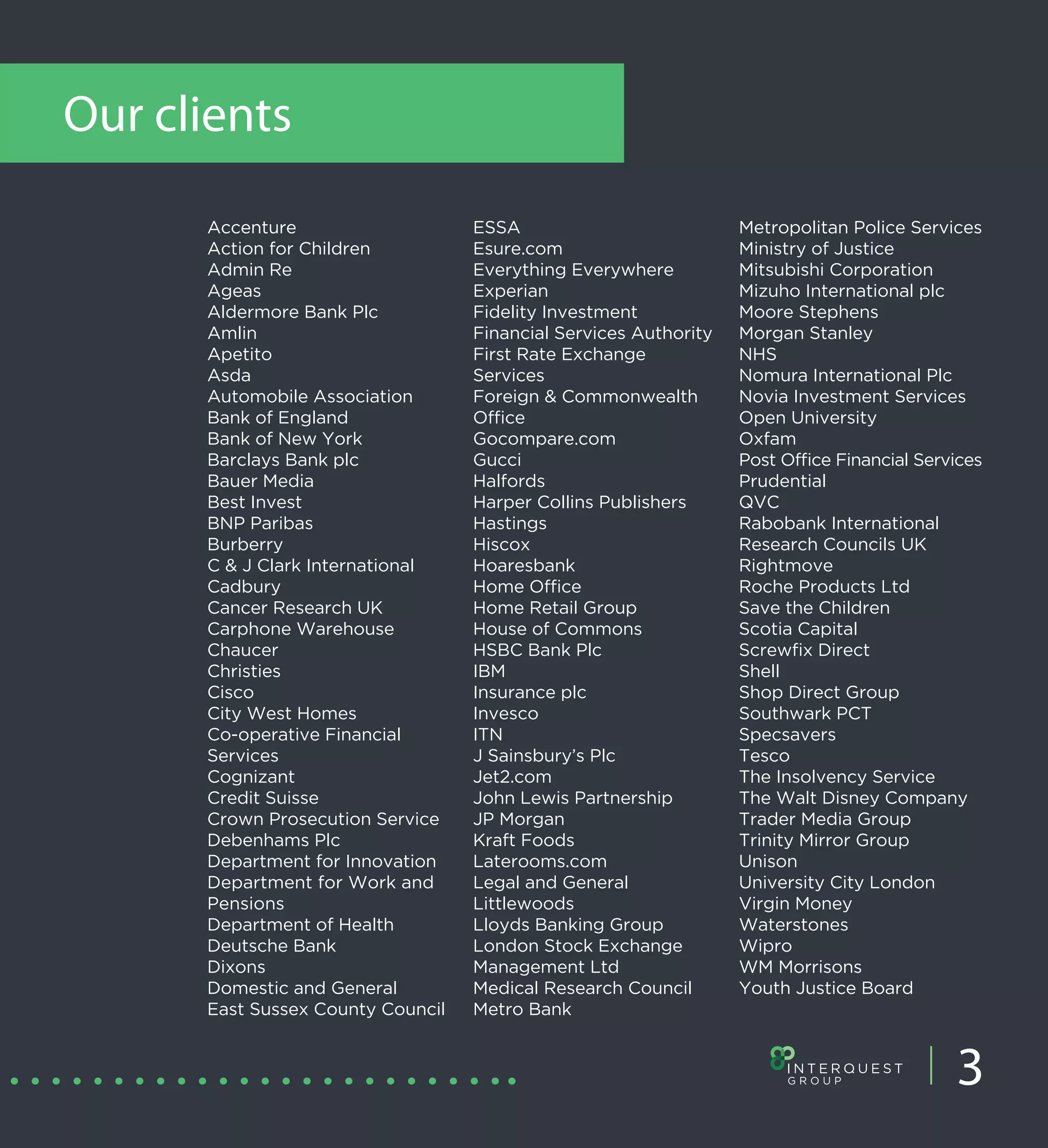 Our clients

      Accenture                    ESSA                           Metropolitan Police Services
      Action for Children          Esure.com                      Ministry of Justice
      Admin Re                     Everything Everywhere          Mitsubishi Corporation
      Ageas                        Experian                       Mizuho International plc
      Aldermore Bank Plc           Fidelity Investment            Moore Stephens
      Amlin                        Financial Services Authority   Morgan Stanley
      Apetito                      First Rate Exchange            NHS
      Asda                         Services                       Nomura International Plc
      Automobile Association       Foreign & Commonwealth         Novia Investment Services
      Bank of England              Office                         Open University
      Bank of New York             Gocompare.com                  Oxfam
      Barclays Bank plc            Gucci                          Post Office Financial Services
      Bauer Media                  Halfords                       Prudential
      Best Invest                  Harper Collins Publishers      QVC
      BNP Paribas                  Hastings                       Rabobank International
      Burberry                     Hiscox                         Research Councils UK
      C & J Clark International    Hoaresbank                     Rightmove
      Cadbury                      Home Office                    Roche Products Ltd
      Cancer Research UK           Home Retail Group              Save the Children
      Carphone Warehouse           House of Commons               Scotia Capital
      Chaucer                      HSBC Bank Plc                  Screwfix Direct
      Christies                    IBM                            Shell
      Cisco                        Insurance plc                  Shop Direct Group
      City West Homes              Invesco                        Southwark PCT
      Co-operative Financial       ITN                            Specsavers
      Services                     J Sainsbury’s Plc              Tesco
      Cognizant                    Jet2.com                       The Insolvency Service
      Credit Suisse                John Lewis Partnership         The Walt Disney Company
      Crown Prosecution Service    JP Morgan                      Trader Media Group
      Debenhams Plc                Kraft Foods                    Trinity Mirror Group
      Department for Innovation    Laterooms.com                  Unison
      Department for Work and      Legal and General              University City London
      Pensions                     Littlewoods                    Virgin Money
      Department of Health         Lloyds Banking Group           Waterstones
      Deutsche Bank                London Stock Exchange          Wipro
      Dixons                       Management Ltd                 WM Morrisons
      Domestic and General         Medical Research Council       Youth Justice Board
      East Sussex County Council   Metro Bank


                                                                                            3
 