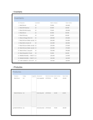 • Inventario 
• Productos 
• 
 