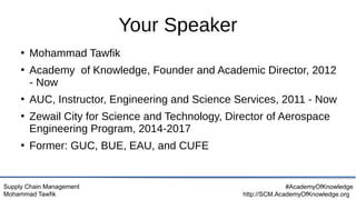 Supply Chain Management
Mohammad Tawfik
#AcademyOfKnowledge
http://SCM.AcademyOfKnowledge.org
Your Speaker
●
Mohammad Tawfik
●
Academy of Knowledge, Founder and Academic Director, 2012
- Now
●
AUC, Instructor, Engineering and Science Services, 2011 - Now
●
Zewail City for Science and Technology, Director of Aerospace
Engineering Program, 2014-2017
●
Former: GUC, BUE, EAU, and CUFE
 