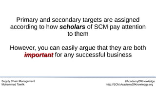 Supply Chain Management
Mohammad Tawfik
#AcademyOfKnowledge
http://SCM.AcademyOfKnowledge.org
Primary and secondary targets are assigned
according to how scholars
scholars of SCM pay attention
to them
However, you can easily argue that they are both
important
important for any successful business
 