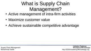 Supply Chain Management
Mohammad Tawfik
#AcademyOfKnowledge
http://SCM.AcademyOfKnowledge.org
What is Supply Chain
Management?
●
Active management of intra-firm activities
●
Maximize customer value
●
Achieve sustainable competitive advantage
Udatta Palekar
 