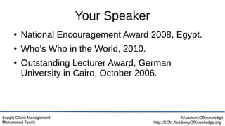Supply Chain Management
Mohammad Tawfik
#AcademyOfKnowledge
http://SCM.AcademyOfKnowledge.org
Your Speaker
●
National Encouragement Award 2008, Egypt.
●
Who’s Who in the World, 2010.
●
Outstanding Lecturer Award, German
University in Cairo, October 2006.
 