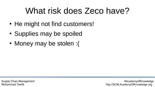Supply Chain Management
Mohammad Tawfik
#AcademyOfKnowledge
http://SCM.AcademyOfKnowledge.org
What risk does Zeco have?
●
He might not find customers!
●
Supplies may be spoiled
●
Money may be stolen :(
 
