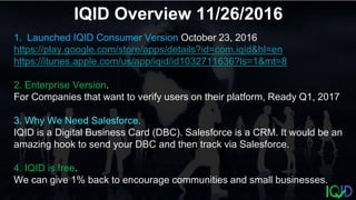 IQID Overview 11/26/2016
1. Launched IQID Consumer Version October 23, 2016
https://play.google.com/store/apps/details?id=com.iqid&hl=en
https://itunes.apple.com/us/app/iqid/id1032711636?ls=1&mt=8
2. Enterprise Version.
For Companies that want to verify users on their platform, Ready Q1, 2017
3. Why We Need Salesforce.
IQID is a Digital Business Card (DBC). Salesforce is a CRM. It would be an
amazing hook to send your DBC and then track via Salesforce.
4. IQID is free.
We can give 1% back to encourage communities and small businesses.
 