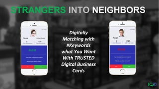STRANGERS INTO NEIGHBORS
Digitally
Matching with
#Keywords
what You Want
With TRUSTED
Digital Business
Cards
#idrill
2 230
Ryan
#idrill
 