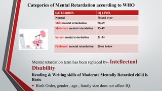 Mental retardation term has been replaced by- Intellectual
Disability
Reading & Writing skills of Moderate Mentally Retarded child is
Basic
• Birth Order, gender , age , family size does not affect IQ.
Categories of Mental Retardation according to WHO
CATEGORIES IQ LEVEL
Normal 70 and over
Mild mental retardation 50-69
Moderate mental retardation 35-49
Severe mental retardation 21-34
Profound mental retardation 20 or below
 