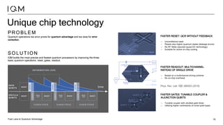 Fast Lane to Quantum Advantage 10
Unique chip technology
PROBLEM
Quantum operations too error prone for quantum advantage and too slow for error
correction.
SOLUTION
IQM builds the most precise and fastest quantum processors by improving the three
basic quantum operations: reset, gates, readout.
FASTER READOUT: MULTICHANNEL
INSTEAD OF SINGLE DRIVE
⇢ Based on a multichannel driving scheme
⇢ No on-chip overhead
FASTER RESET: QCR WITHOUT FEEDBACK
⇢ Unconditional reset
⇢ Resets also higher quantum states (leakage errors)
⇢ No RF fields required (quasi-DC technology)
⇢ Suitable for active on-chip cooling
FASTER GATES: TUNABLE COUPLER &
N-JUNCTION QUBITS
⇢ Tunable coupler with ultrafast gate times
⇢ Utilizing higher nonlinearity of novel qubit types
Phys. Rev. Lett. 122, 080503 (2019)
 