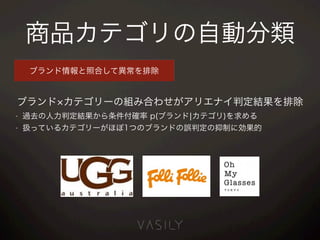 商品カテゴリの自動分類
ブランド情報と照合して異常を排除
ブランド カテゴリーの組み合わせがアリエナイ判定結果を排除
• 過去の人力判定結果から条件付確率 p(カテゴリ¦ブランド)を求める
• 扱っているカテゴリーがほぼ1つのブランドの誤判定の抑制に効果的
 