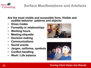 Surface Manifestations and Artefacts Are the most visible and accessible form, Visible and audible behavior  patterns and objects: Dress Codes Formality in relationships Working hours Meeting etiquette Decision making Communications Social events Jargon, uniforms, symbols Conflict handling Work / Life balance 