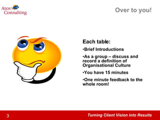 Over to you! Each table: Brief Introductions As a group – discuss and record a definition of Organisational Culture You have 15 minutes One minute feedback to the whole room! 