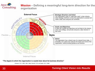 Flexible Stable Mission   – Defining a meaningful long-term direction for the organisation Strategic Direction and Intent The organisation’s plan to “make their mark” in their industry.  Clear strategic intentions convey the organisation’s purpose and make it clear how everyone can contribute Goals and Objectives A clear set of goals and objectives can be linked to the mission, vision and strategy, and provide everyone a clear direction in their work Vision The organisation has a shared view of a desired future state.  It embodies core values and captures the hearts and minds of the organisation, while providing guidance and direction “ The degree to which the organisation is crystal clear about its business direction”   Denison, D.R. (1990; 1994; 1996); Denison, D.R. and Neale, W.S. (1996) External Focus Internal Focus 