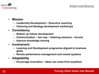 Interventions Mission Leadership Development – Executive coaching Visioning and Strategy development workshops Consistency Bottom up Values development Communication – two way – listening sessions – forums Improve knowledge sharing Involvement Learning and Development programme aligned to business goals Review performance management and reward systems Adaptability Encourage innovation – ideas can come from anywhere 