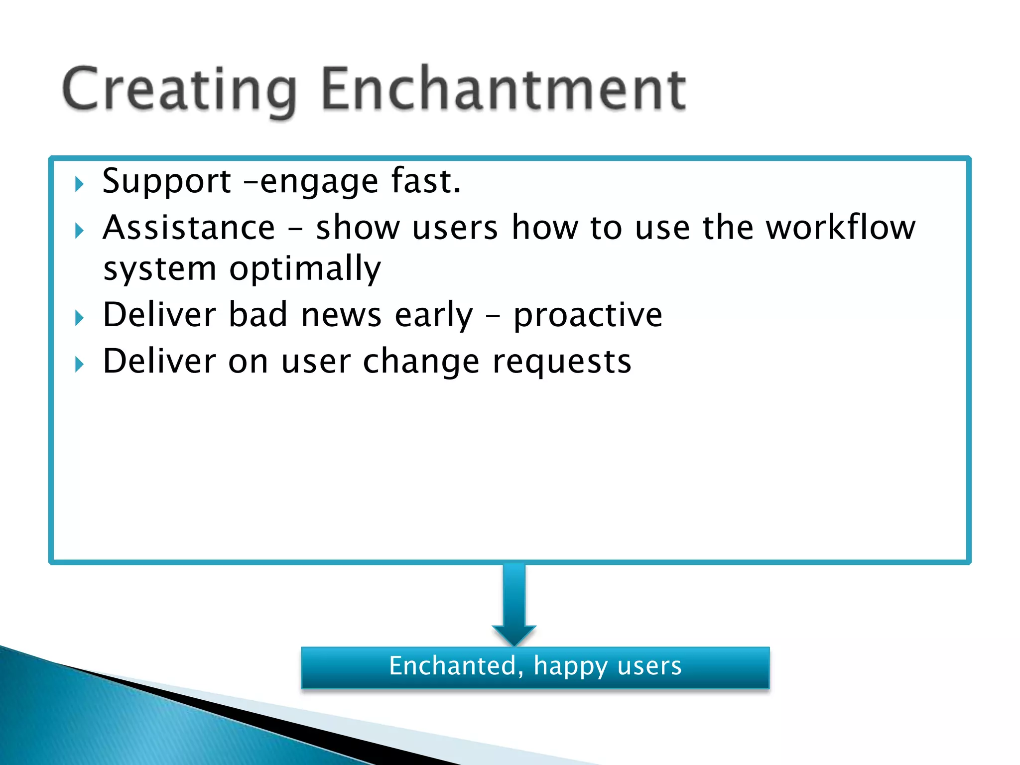    Support –engage fast.
   Assistance – show users how to use the workflow
    system optimally
   Deliver bad news early – proactive
   Deliver on user change requests




                    Enchanted, happy users
 