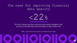 The need for improving financial
data quality
<22%
Of senior finance executives said they were entirely confident in the
accuracy of the data they hold and analyze as part of their role.
KPMG – Facing Forward: The Evolution of the Modern Finance Leader
 