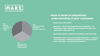 •How to build an empathetic
understanding of your customers
•Spend time with them!!
•Research – Don’t just speak with your customers - it’s
important to also watch them and experience their own
experiences. Hear, see & do
•Building empathy is diﬀerent to building understanding
•Remember, this is a journey of their experience – a journey
map should be a simpliﬁed distillation of what you heard
from customers - no internal assumptions
Hear:
What do customers
experience,
remember, question?
See:
What do
customers do,
touch and
keep?
Do:
Gain your own
perspective and
understanding
 