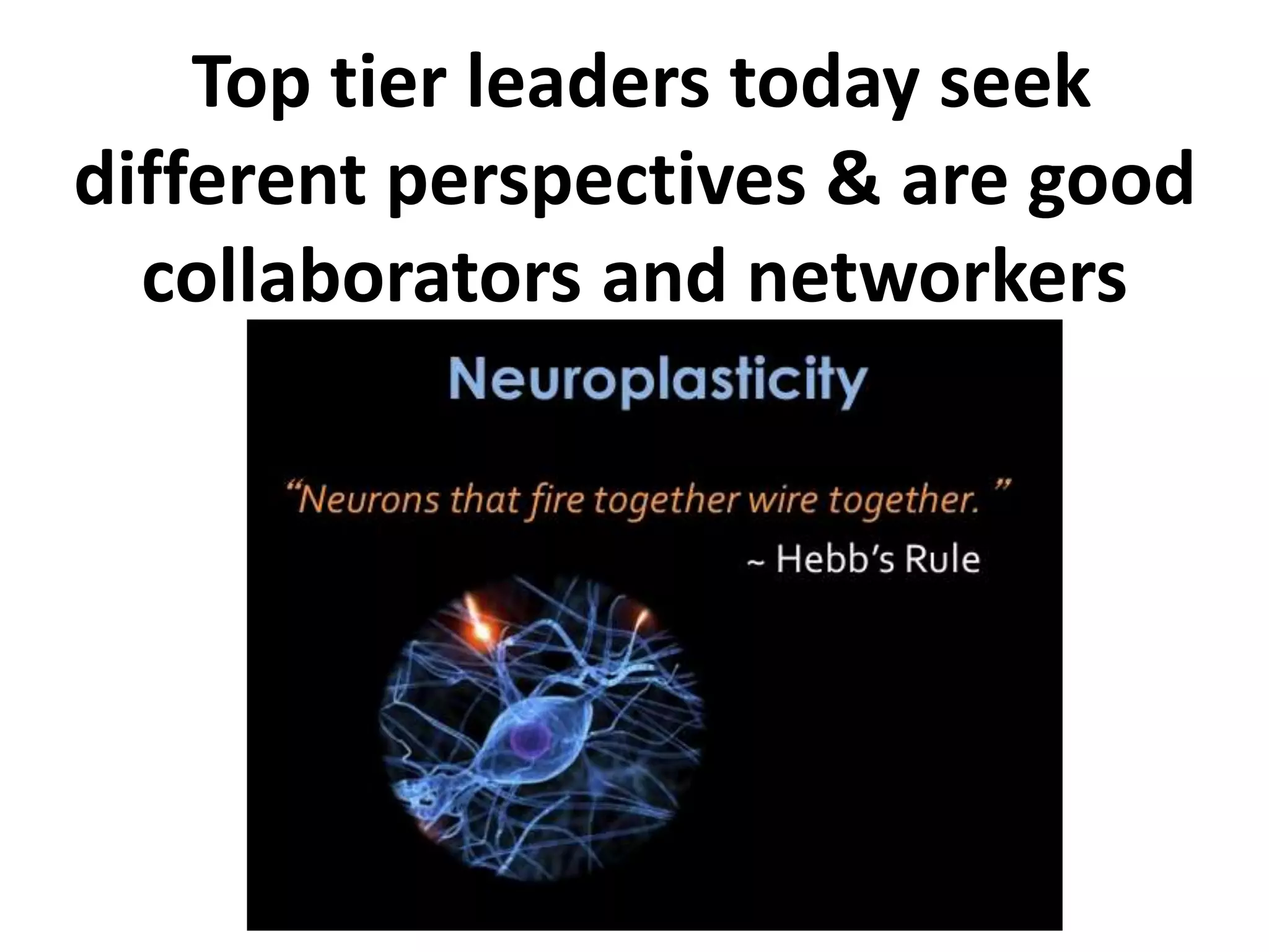 Top tier leaders today seek
different perspectives & are good
collaborators and networkers
 