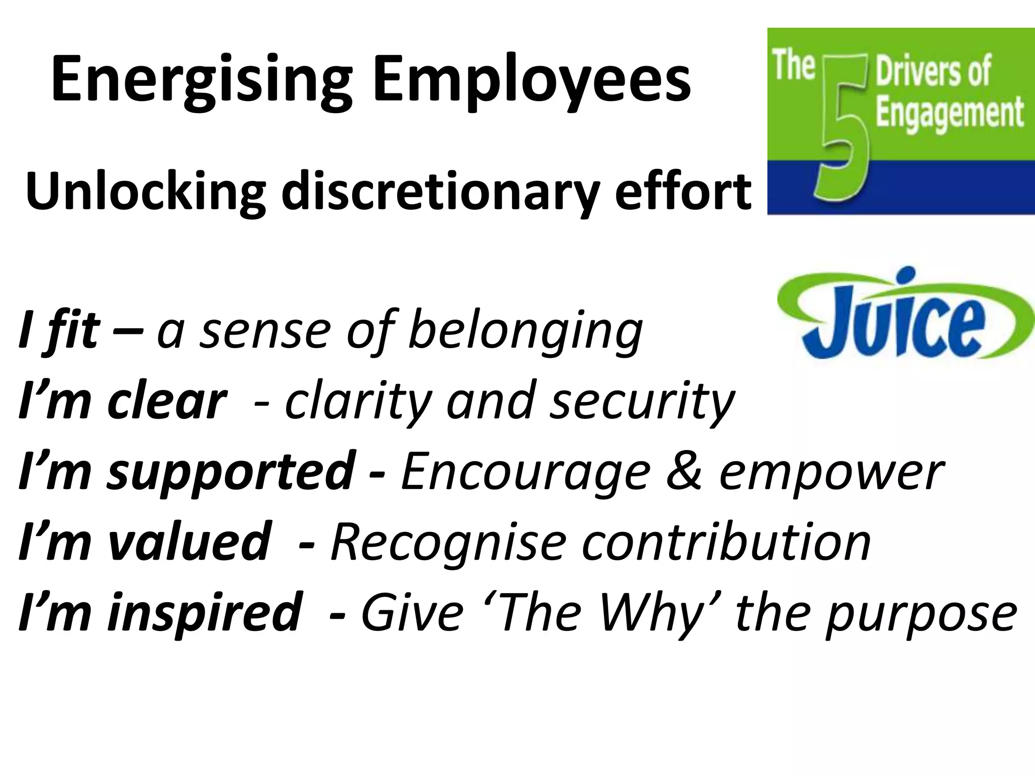 Energising Employees
Unlocking discretionary effort
I fit – a sense of belonging
I’m clear - clarity and security
I’m supported - Encourage & empower
I’m valued - Recognise contribution
I’m inspired - Give ‘The Why’ the purpose
 