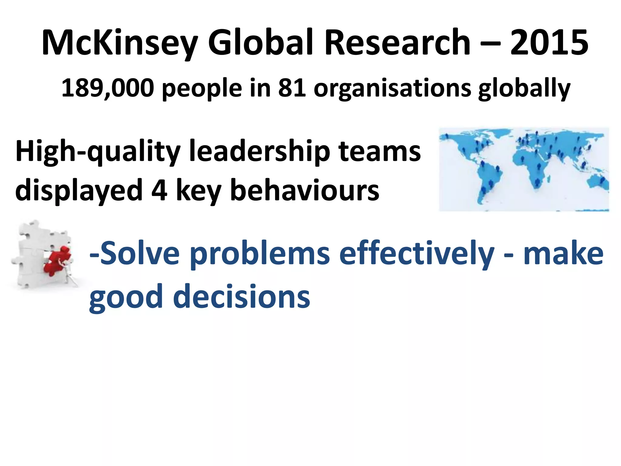 -Solve problems effectively - make
good decisions
McKinsey Global Research – 2015
189,000 people in 81 organisations globally
High-quality leadership teams
displayed 4 key behaviours
 