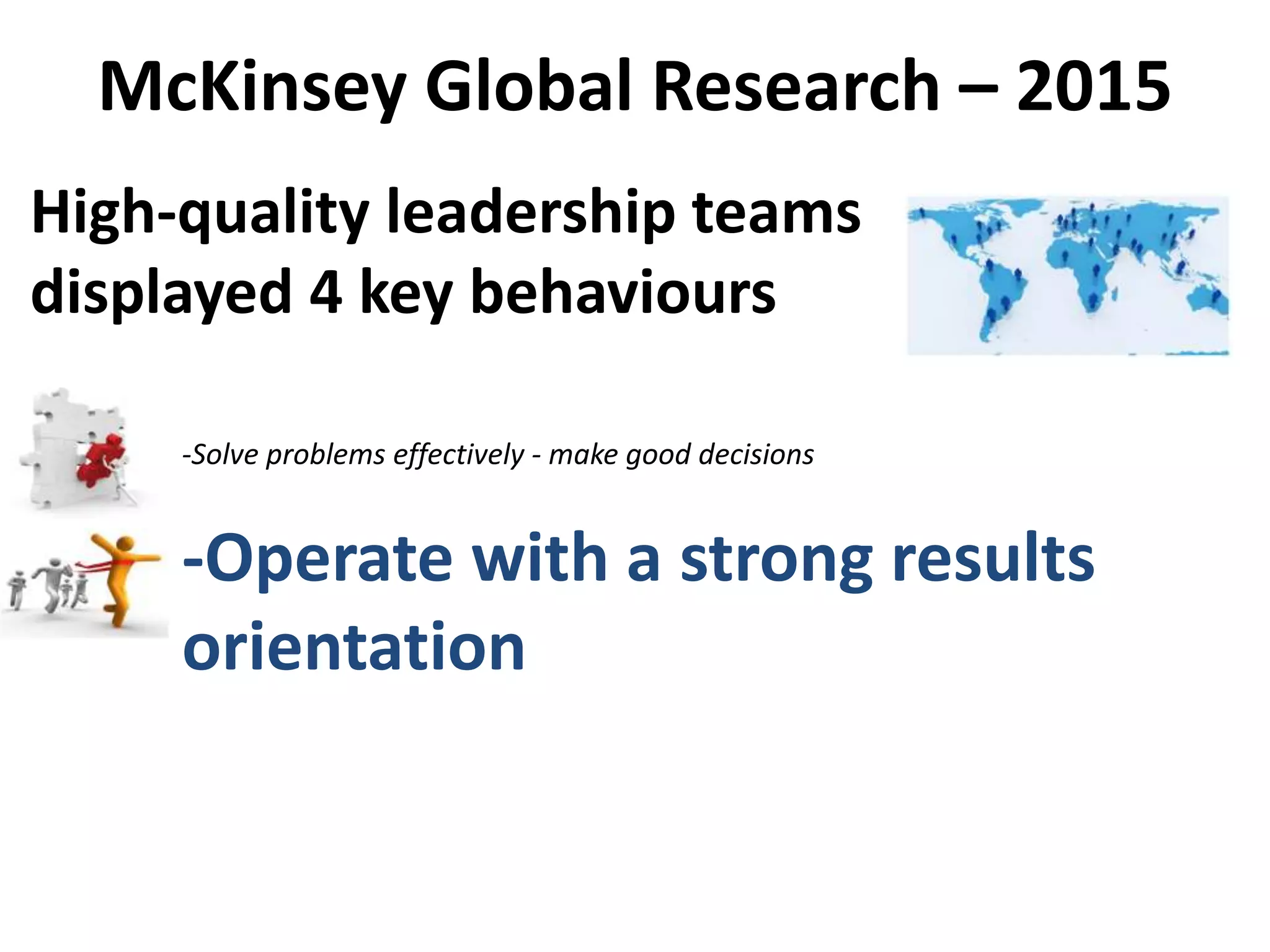 -Operate with a strong results
orientation
McKinsey Global Research – 2015
High-quality leadership teams
displayed 4 key behaviours
-Solve problems effectively - make good decisions
 
