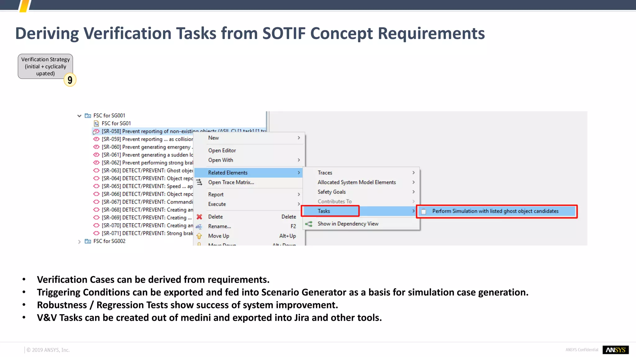 Deriving Verification Tasks from SOTIF Concept Requirements
Verification Strategy
(initial + cyclically
upated)
9
• Verification Cases can be derived from requirements.
• Triggering Conditions can be exported and fed into Scenario Generator as a basis for simulation case generation.
• Robustness / Regression Tests show success of system improvement.
• V&V Tasks can be created out of medini and exported into Jira and other tools.
 