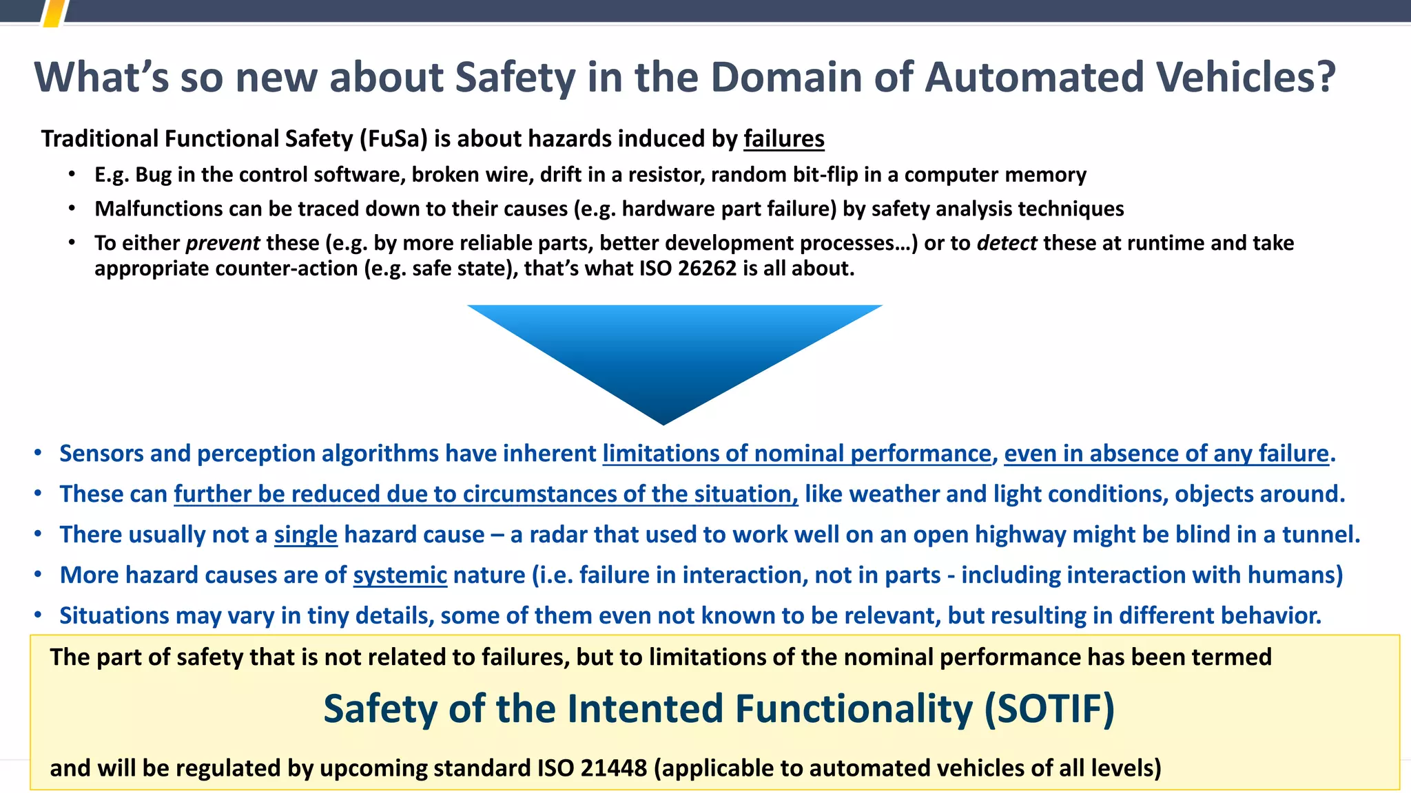 What’s so new about Safety in the Domain of Automated Vehicles?
Traditional Functional Safety (FuSa) is about hazards induced by failures
• E.g. Bug in the control software, broken wire, drift in a resistor, random bit-flip in a computer memory
• Malfunctions can be traced down to their causes (e.g. hardware part failure) by safety analysis techniques
• To either prevent these (e.g. by more reliable parts, better development processes…) or to detect these at runtime and take
appropriate counter-action (e.g. safe state), that’s what ISO 26262 is all about.
• Sensors and perception algorithms have inherent limitations of nominal performance, even in absence of any failure.
• These can further be reduced due to circumstances of the situation, like weather and light conditions, objects around.
• There usually not a single hazard cause – a radar that used to work well on an open highway might be blind in a tunnel.
• More hazard causes are of systemic nature (i.e. failure in interaction, not in parts - including interaction with humans)
• Situations may vary in tiny details, some of them even not known to be relevant, but resulting in different behavior.
The part of safety that is not related to failures, but to limitations of the nominal performance has been termed
Safety of the Intented Functionality (SOTIF)
and will be regulated by upcoming standard ISO 21448 (applicable to automated vehicles of all levels)
 