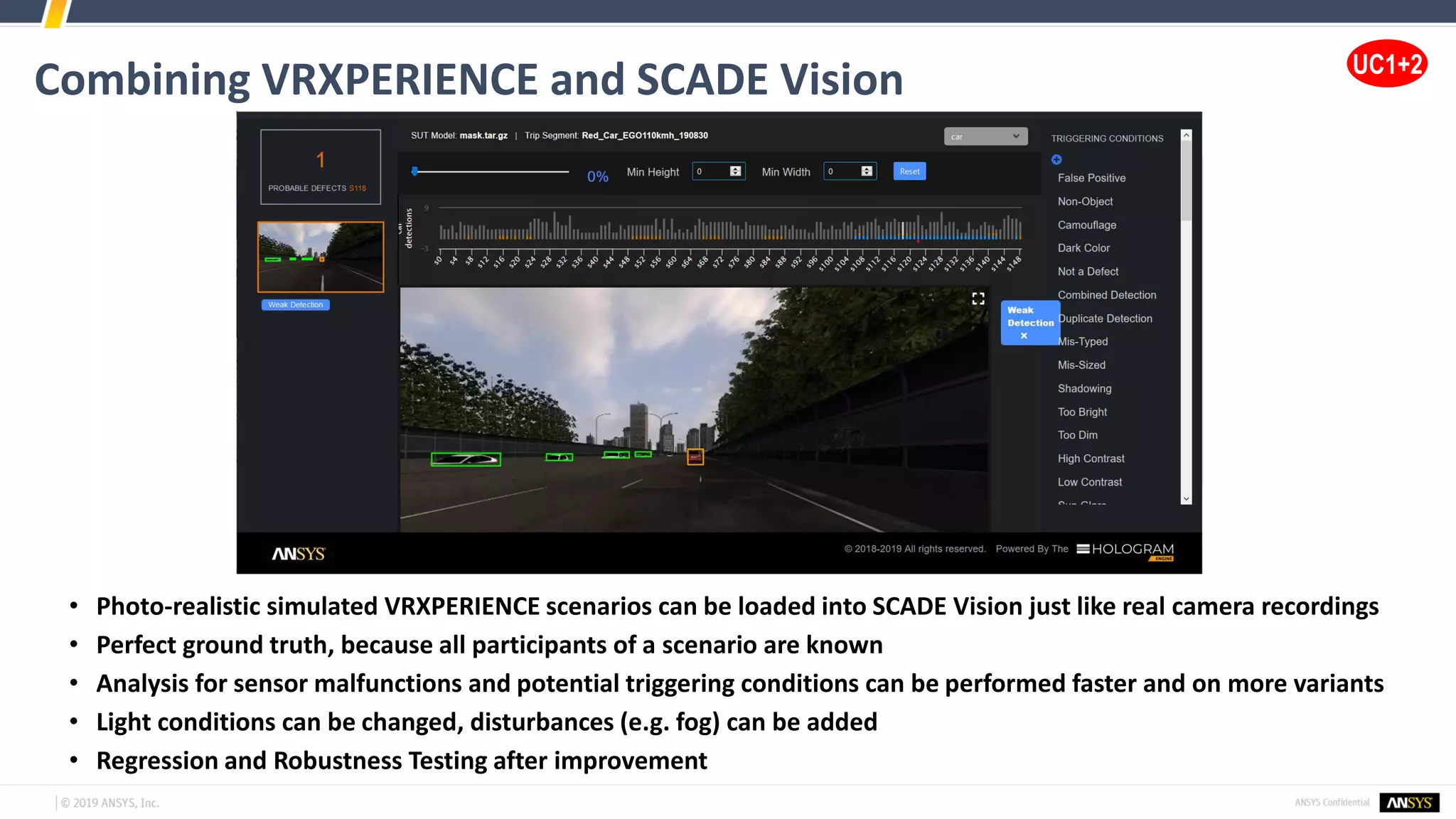Combining VRXPERIENCE and SCADE Vision
• Photo-realistic simulated VRXPERIENCE scenarios can be loaded into SCADE Vision just like real camera recordings
• Perfect ground truth, because all participants of a scenario are known
• Analysis for sensor malfunctions and potential triggering conditions can be performed faster and on more variants
• Light conditions can be changed, disturbances (e.g. fog) can be added
• Regression and Robustness Testing after improvement
UC1+2
 