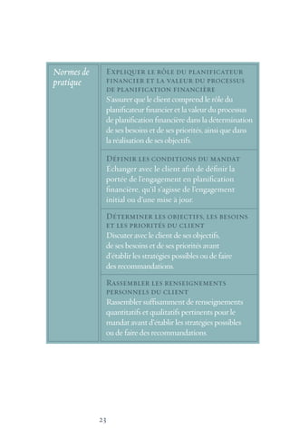 23
Expliquer le rôle du planificateur
financier et la valeur du processus
de planification financière
S’assurer que le client comprend le rôle du
planificateur financier et la valeur du processus
de planification financière dans la détermination
de ses besoins et de ses priorités, ainsi que dans
la réalisation de ses objectifs.
Définir les conditions du mandat
Échanger avec le client afin de définir la
portée de l’engagement en planification
financière, qu’il s’agisse de l’engagement
initial ou d’une mise à jour.
Déterminer les objectifs, les besoins
et les priorités du client
Discuter avec le client de ses objectifs,
de ses besoins et de ses priorités avant
d’établir les stratégies possibles ou de faire
des recommandations.
Rassembler les renseignements
personnels du client
Rassembler suffisamment de renseignements
quantitatifs et qualitatifs pertinents pour le
mandat avant d’établir les stratégies possibles
ou de faire des recommandations.
Normes de
pratique
 