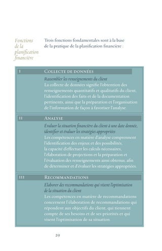 29
Trois fonctions fondamentales sont à la base
de la pratique de la planification financière :
Fonctions
de la
planification
financière
Collecte de données
Rassembler les renseignements du client
La collecte de données signifie l’obtention des
renseignements quantitatifs et qualitatifs du client,
l’identification des faits et de la documentation
pertinents, ainsi que la préparation et l’organisation
de l’information de façon à favoriser l’analyse.
Analyse
Évaluer la situation financière du client à une date donnée,
identifier et évaluer les stratégies appropriées
Les compétences en matière d’analyse comprennent
l’identification des enjeux et des possibilités,
la capacité d’effectuer les calculs nécessaires,
l’élaboration de projections et la préparation et
l’évaluation des renseignements ainsi obtenus, afin
de déterminer et d’évaluer les stratégies appropriées.
Recommandations
Élaborer des recommandations qui visent l’optimisation
de la situation du client
Les compétences en matière de recommandations
concernent l’élaboration de recommandations qui
répondent aux objectifs du client, qui tiennent
compte de ses besoins et de ses priorités et qui
visent l’optimisation de sa situation.
1
11
111
 