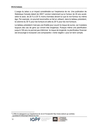 HYPOTHÈSES
12
L’usage du tabac a un impact considérable sur l’espérance de vie. Une publication de
Statistique Canada datant de 20014 conclut notamment qu’un fumeur de 45 ans aurait,
selon le sexe, de 20 % à 25 % moins d’années devant lui que le non-fumeur du même
âge. Par exemple, on pourrait reconnaître ce fait en utilisant, dans le tableau précédent,
la colonne du 30 % pour les fumeurs et celle du 20 % pour les non-fumeurs.
Le tableau précédent n’est pas une finalité pour couvrir le risque de survie, car il existera
toujours des cas de gens qui vivront très longtemps. Puisque même une planification
jusqu’à 100 ans ne permet pas d’éliminer le risque de longévité, le planificateur financier
est encouragé à incorporer une composante « rente viagère » pour en tenir compte.
4 L'effet du tabagisme sur l'espérance de vie et l'incapacité http://www.statcan.gc.ca/daily-
quotidien/010622/dq010622a-fra.htm
 
