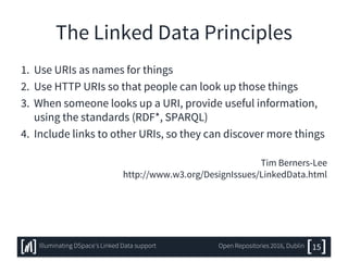 The Linked Data Principles
1. Use URIs as names for things
2. Use HTTP URIs so that people can look up those things
3. When someone looks up a URI, provide useful information,
using the standards (RDF*, SPARQL)
4. Include links to other URIs, so they can discover more things
Tim Berners-Lee
http://www.w3.org/DesignIssues/LinkedData.html
15Illuminating DSpace’s Linked Data support Open Repositories 2016, Dublin
 
