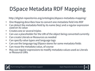 DSpace Metadata RDF Mapping
http://digital-repositories.org/ontologies/dspace-metadata-mapping/
• One Mapping describes how to convert one metadata field into RDF
• Can detect the metadata field by its name (key) and a regular expression
used on its value
• Creates one or several triples
• Can use a placeholder for the URI of the object being converted currently
• Can create Literals or Resources as needed
• Can specify value types and language tags
• Can use the language tag DSpace stores for some metadata fields
• Can reuse the metadata value, of course
• May use regular expressions to modify metadata values used as Literals
or Resource URIs
40Illuminating DSpace’s Linked Data support Open Repositories 2016, Dublin
 