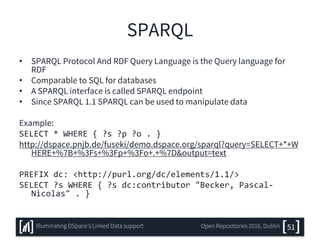 SPARQL
• SPARQL Protocol And RDF Query Language is the Query language for
RDF
• Comparable to SQL for databases
• A SPARQL interface is called SPARQL endpoint
• Since SPARQL 1.1 SPARQL can be used to manipulate data
Example:
SELECT * WHERE { ?s ?p ?o . }
http://dspace.pnjb.de/fuseki/demo.dspace.org/sparql?query=SELECT+*+W
HERE+%7B+%3Fs+%3Fp+%3Fo+.+%7D&output=text
PREFIX dc: <http://purl.org/dc/elements/1.1/>
SELECT ?s WHERE { ?s dc:contributor "Becker, Pascal-
Nicolas" . }
51Illuminating DSpace’s Linked Data support Open Repositories 2016, Dublin
 
