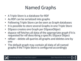 Named Graphs
• A Triple Store is a database for RDF
• As RDF can be serialized into graphs
• Following Triple Store can be seen as Graph databases
• It is possible to store several Graphs in one Triple Store
• DSpace creates one Graph per DSpaceObject
• dspace-rdf fetches all data of the appropriate graph if it is
requested for rdf describing a specific DSpace Object
• rdfizer --delete-all queries all graphs and deletes one by
one
• The default graph may contain all data of all named
graphs if the Triple Store is configured accordingly
52Illuminating DSpace’s Linked Data support Open Repositories 2016, Dublin
 