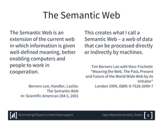 The Semantic Web
The Semantic Web is an
extension of the current web
in which information is given
well-defined meaning, better
enabling computers and
people to work in
cooperation.
Berners-Lee, Handler, Lasilla:
The Semantic Web
In: Scientific American 284.5, 2001
This creates what I call a
Semantic Web – a web of data
that can be processed directly
or indirectly by machines.
Tim Berners-Lee with Marc Fischetti:
“Weaving the Web. The Past, Present
and Future of the World Wide Web by its
Initiator”
London 1999, ISBN: 0-7528-2090-7
6Illuminating DSpace’s Linked Data support Open Repositories 2016, Dublin
 