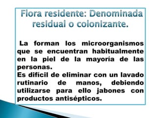 La forman los microorganismos
que se encuentran habitualmente
en la piel de la mayoría de las
personas.
Es difícil de eliminar con un lavado
rutinario de manos, debiendo
utilizarse para ello jabones con
productos antisépticos.
 