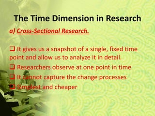 The Time Dimension in Research
a) Cross-Sectional Research.
 It gives us a snapshot of a single, fixed time
point and allow us to analyze it in detail.
 Researchers observe at one point in time
 It cannot capture the change processes
 Simplest and cheaper
 