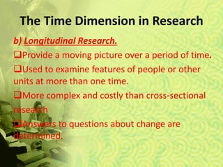 The Time Dimension in Research
b) Longitudinal Research.
Provide a moving picture over a period of time.
Used to examine features of people or other
units at more than one time.
More complex and costly than cross-sectional
research
Answers to questions about change are
determined.
 