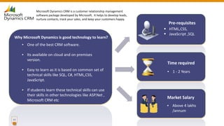 11
Pre-requisites
Time required
▪ 1 - 2 Years
Market Salary
▪ Above 4 lakhs
/annum
▪ One of the best CRM software.
▪ Its available on cloud and on premises
version.
▪ Easy to learn as it is based on common set of
technical skills like SQL, C#, HTML,CSS,
JavaScript.
▪ If students learn these technical skills can use
their skills in other technologies like ASP.Net ,
Microsoft CRM etc
Why Microsoft Dynamics is good technology to learn?
Microsoft Dynamics CRM is a customer relationship management
software package developed by Microsoft. It helps to develop leads,
nurture contacts, track your sales, and keep your customers happy.
 HTML,CSS,
 JavaScript ,SQL
 