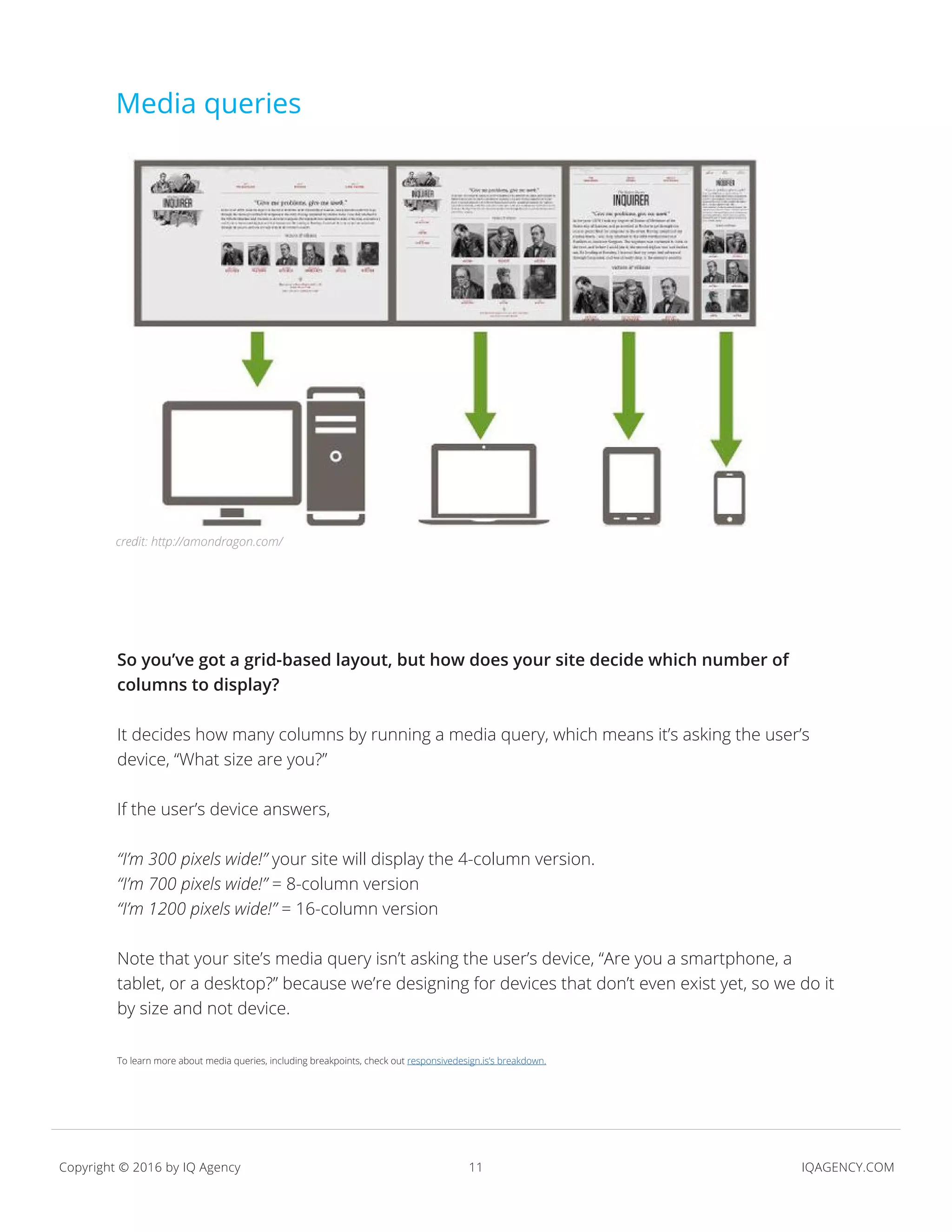 11 IQAGENCY.COMCopyright © 2016 by IQ Agency
credit:
So you’ve got a grid-based layout, but how does your site decide which number of
columns to display?
It decides how many columns by running a media query, which means it’s asking the user’s
device, “What size are you?”
If the user’s device answers,
“I’m 300 pixels wide!” your site will display the 4-column version.
“I’m 700 pixels wide!” = 8-column version
“I’m 1200 pixels wide!” = 16-column version
Note that your site’s media query isn’t asking the user’s device, “Are you a smartphone, a
tablet, or a desktop?” because we’re designing for devices that don’t even exist yet, so we do it
by size and not device.
To learn more about media queries, including breakpoints, check out responsivedesign.is’s breakdown.
Media queries
credit: http://amondragon.com/
 